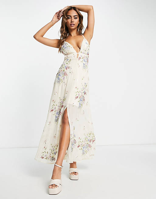 Miss Selfridge Premium embellished floral maxi dress in ivory | ASOS