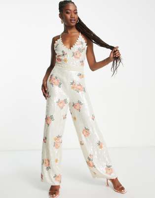 Miss Selfridge Premium embellished floral wide leg jumpsuit in ivory-White