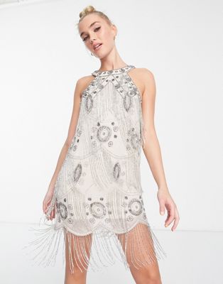 Miss Selfridge Premium embellished fringe mini dress with in silver | ASOS