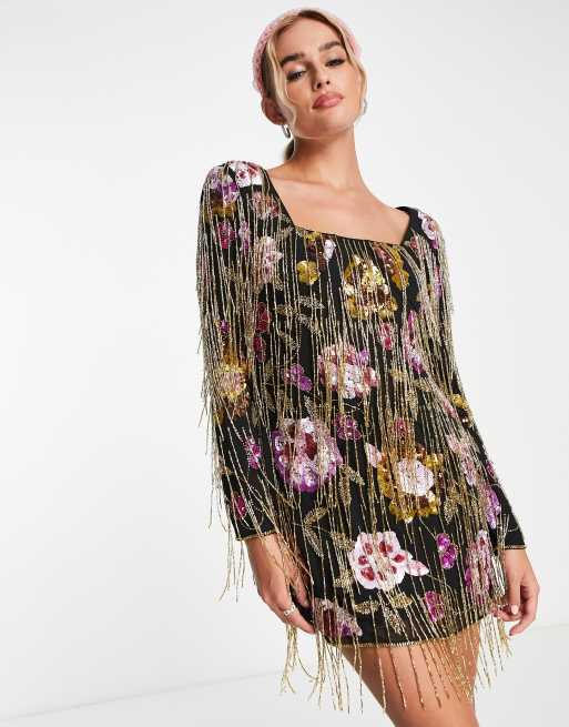 ASOS LUXE v-neck sheer mini dress with placement embellished flowers in  black floral