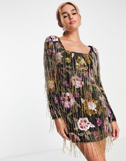 Miss Selfridge Premium embellished long sleeve floral mini dress with  tassle detail in black