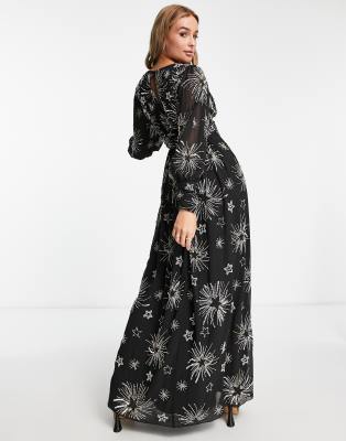 Miss Selfridge Premium Embellished Long Sleeve Maxi Dress With Star Detail In Black - Black