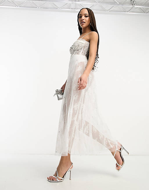 Miss Selfridge Premium embellished premium cami corset maxi dress in ivory