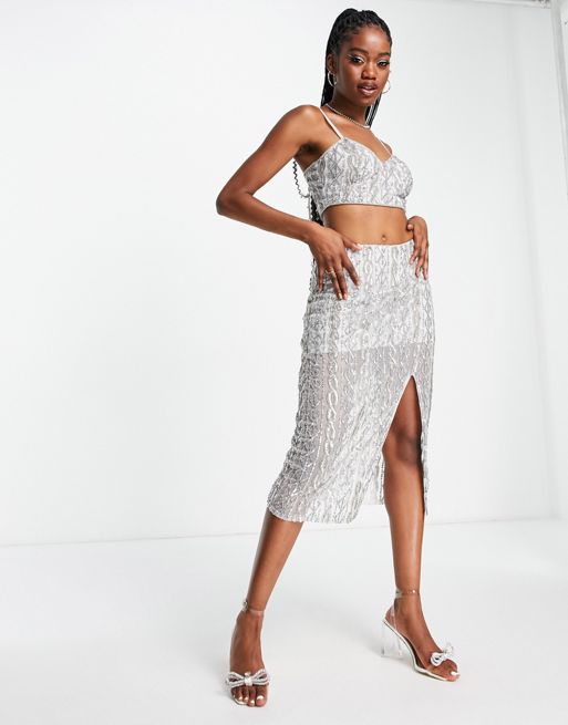 ASOS EDITION pearl embellished midi skirt in silver