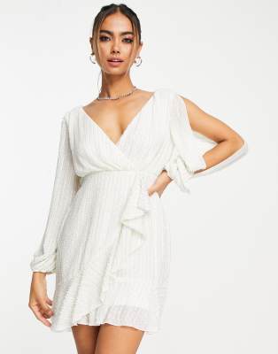 Miss Selfridge Premium Embellished Sequin Long Sleeve Wrap Mini Dress In White - White