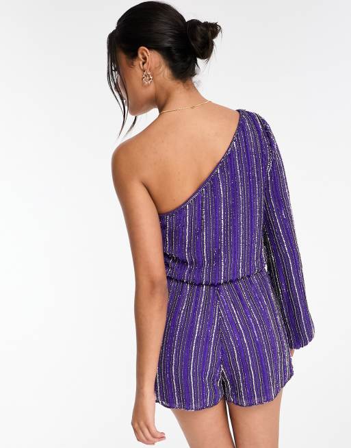 Miss Selfridge Premium embellished sequin one shoulder tie waist playsuit in purple PURPLE