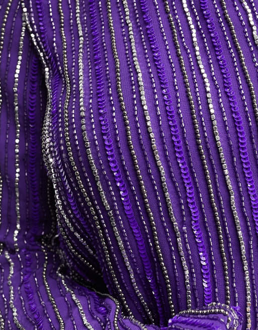 Miss Selfridge Premium embellished sequin one shoulder tie waist romper in purple, 4 of 4