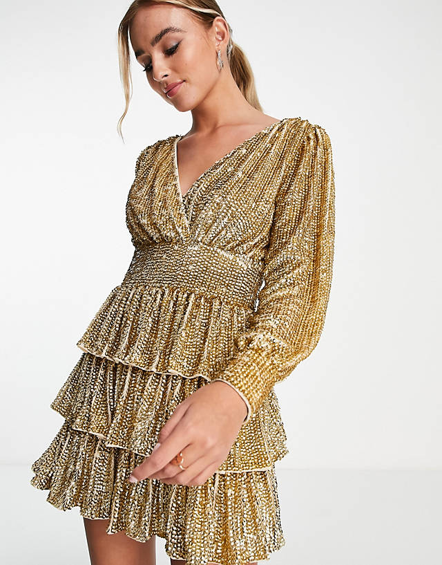 Miss Selfridge Premium embellished sequin tiered mini dress with long sleeves in gold
