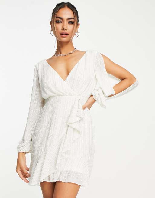 Miss Selfridge Premium embellished sequin wrap mini dress in white | ASOS