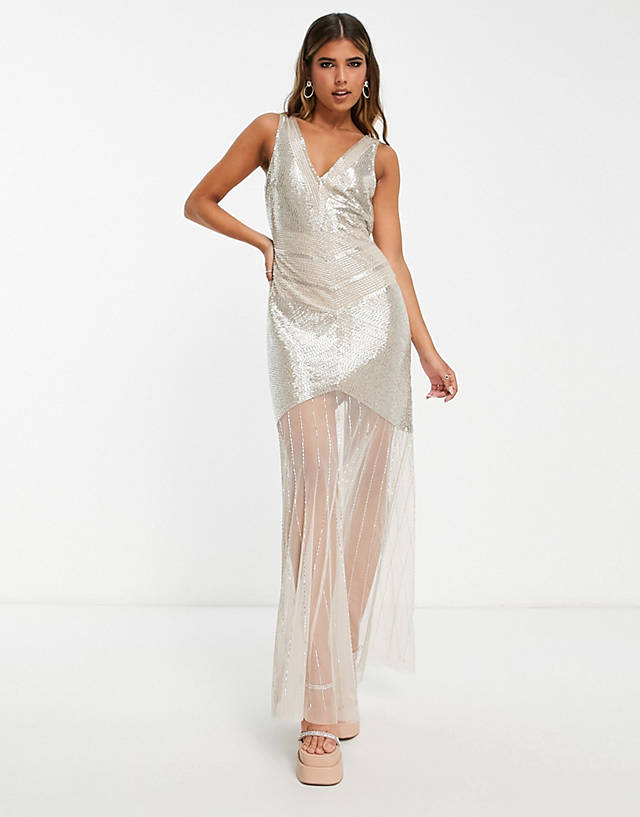Miss Selfridge Premium embellished sheer bottom maxi dress in blush - BEIGE