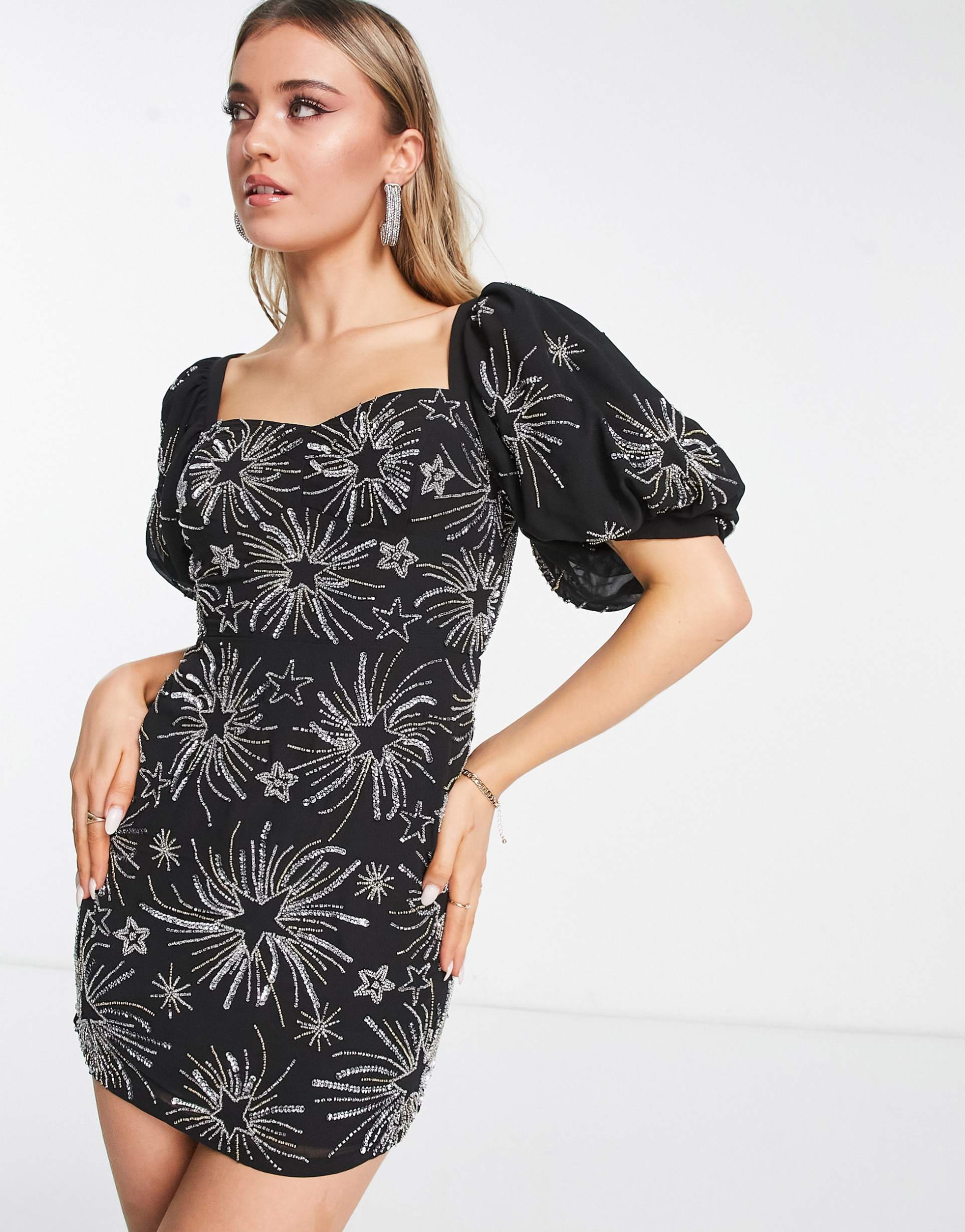 miss selfridge premium embellished star puff sleeve mini dress with tie back detail in black - black