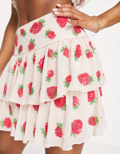 Miss Selfridge Premium embellished strawberry tiered mini skirt in ivory