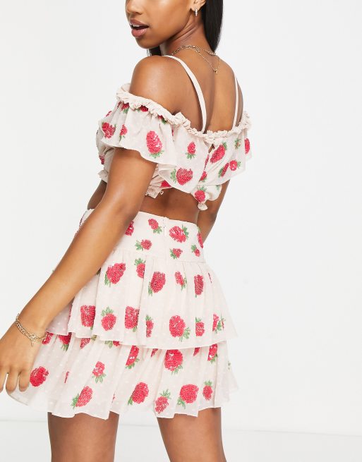 Miss Selfridge Premium embellished strawberry tiered mini skirt in ivory, 4 of 4