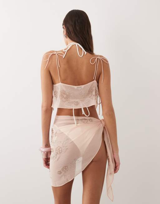 Miss Selfridge premium embellished tie side beach sarong in soft pink, 4 of 5