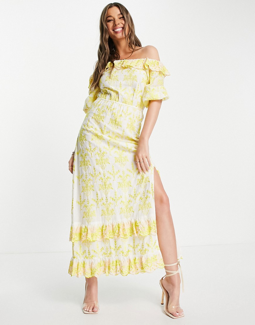 Miss Selfridge Premium embroidered bardot maxi dress with frill detail in yellow-White