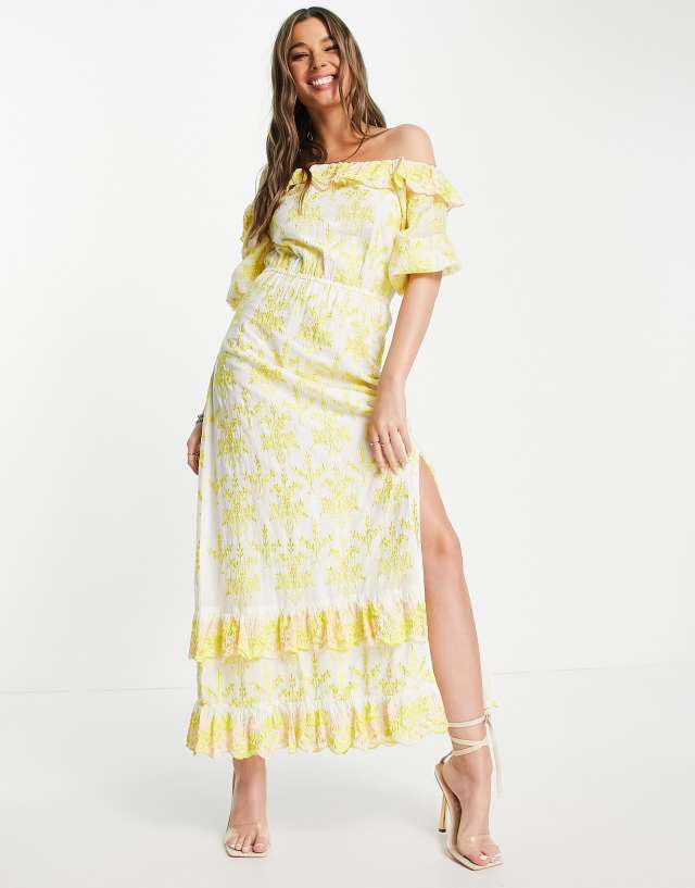 Miss Selfridge Premium embroidered bardot maxi dress with frill detail in yellow