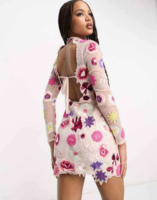 Miss Selfridge Premium embroidered floral long sleeve back detail mini dress in light pink ASOS