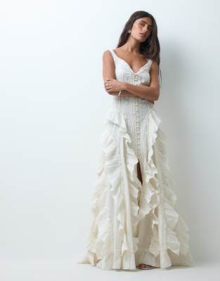 Miss Selfridge Premium Embroidered Ruffle Detail Maxi Dress In White