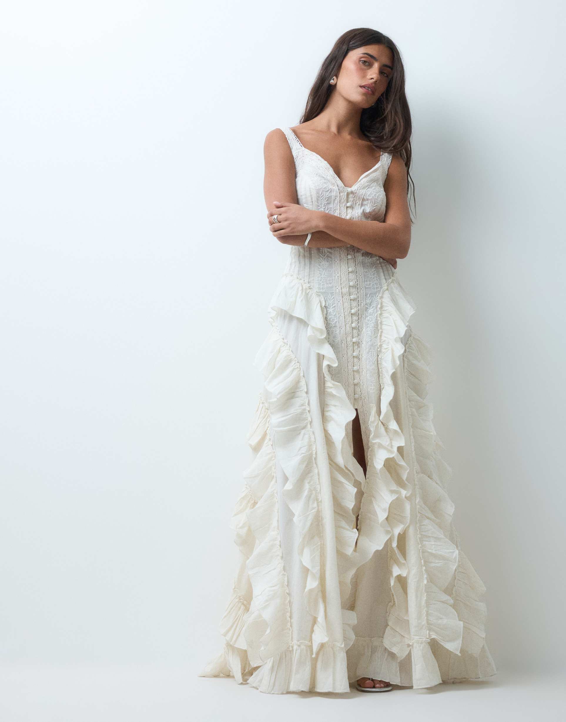 miss selfridge premium embroidered ruffle detail maxi dress in ecru