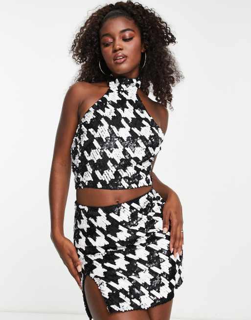 Miss Selfridge Premium festival embellished mini skirt in co ord mono dogtooth BLACK ASOS