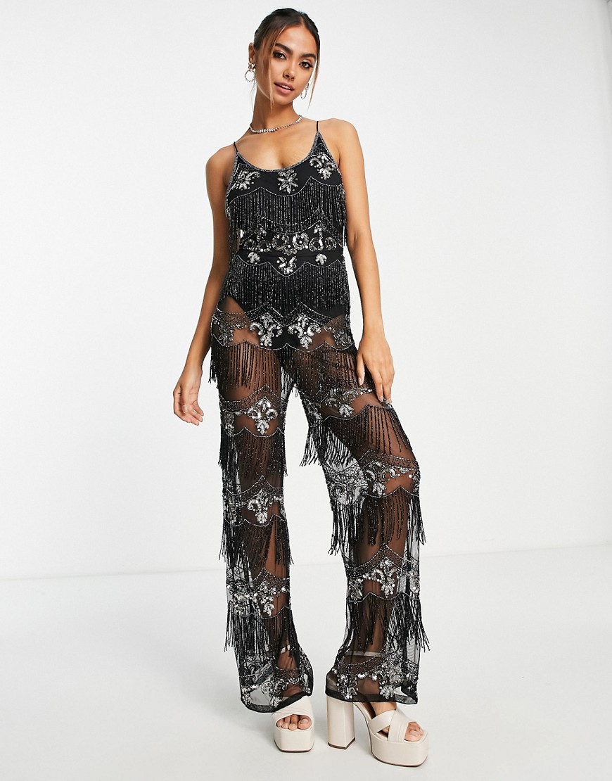 Miss Selfridge Premium festival embellished scooped cami jumpsuit with sheer trousers in black - BLA