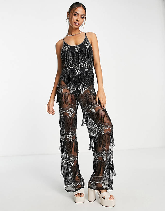Miss Selfridge - premium festival embellished scooped cami jumpsuit with sheer trousers in black - black