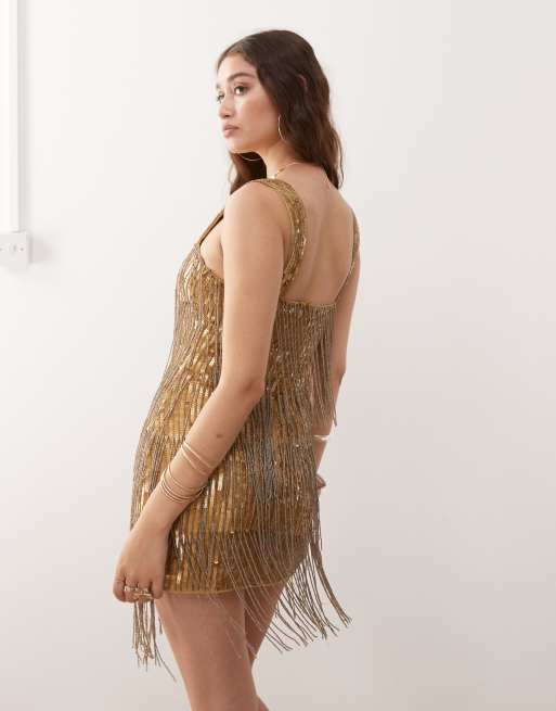 Miss Selfridge premium festival embellished square neck mini dress in gold
