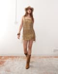 [Miss Selfridge] Miss Selfridge premium festival embellished square neck mini dress-Gold 16 Gold