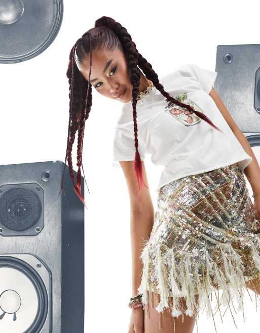 Miss Selfridge – Premium – Festival-Minirock in Rosa mit Paillettenverzierung und Kunstfederbesatz, Kombiteil