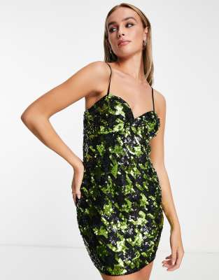 Premium festival sequin dogtooth mini dress in black and green-Multi