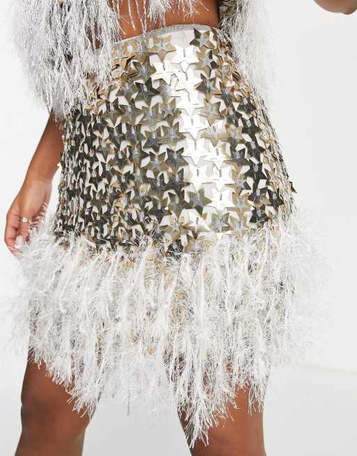 Miss Selfridge Premium festival star sequin mini skirt with faux feather trim co ord in gold GOLD