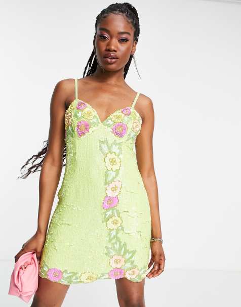 ASOS DESIGN embellished floral applique satin mini dress in yellow