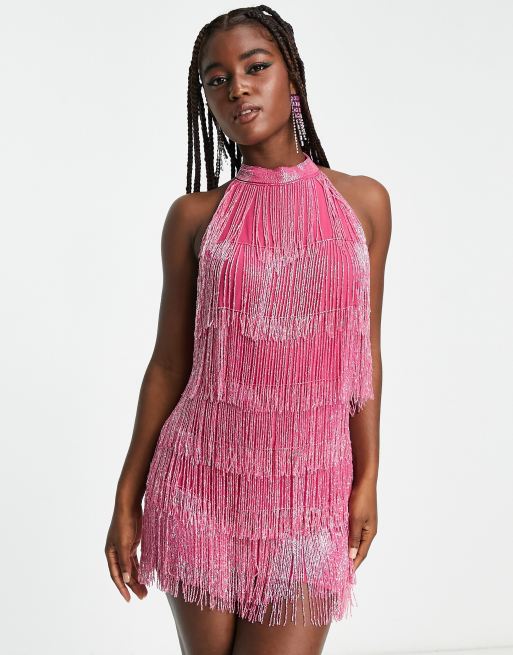 Asos pink fringe store dress