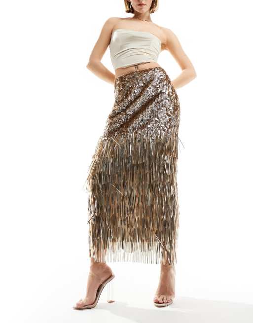 Gold sequin cheap fringe skirt