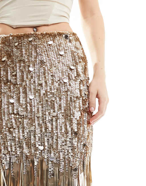 Miss Selfridge Premium gold sequin tasseled maxi skirt ASOS