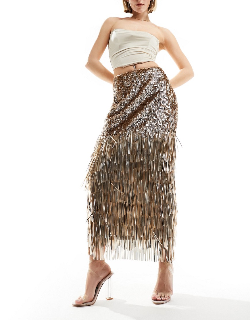 Miss Selfridge Premium gold sequin tasselled maxi skirt