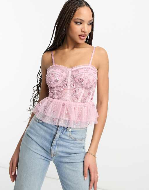 Miss Selfridge - Premium korsettop met versiering in roze
