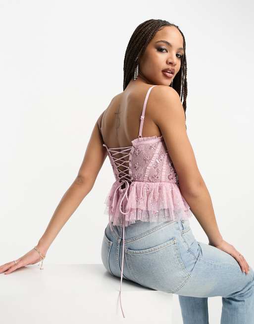 Miss Selfridge - Premium korsettop met versiering in roze, 2 van 4