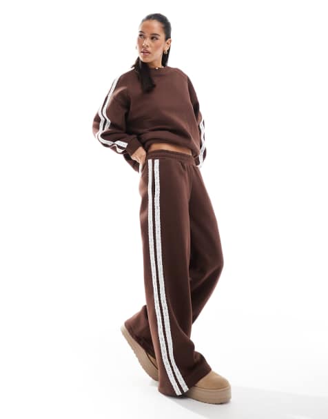 Miss Selfridge premium lace side stripe wide leg sweatpants in chocolate - view 1