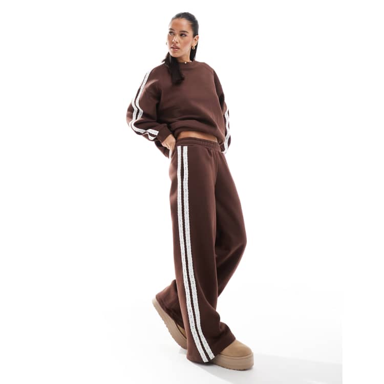 Miss Selfridge premium lace side stripe wide leg sweatpants in