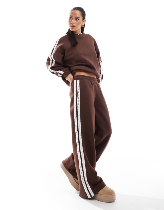 Miss Selfridge premium lace side stripe wide leg sweatpants in