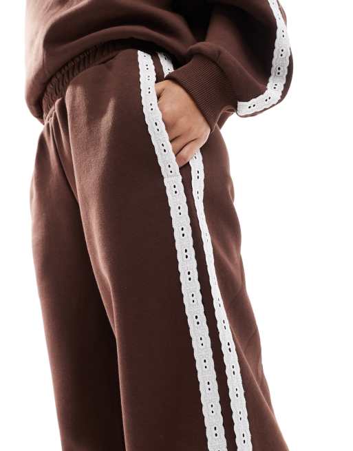 Miss Selfridge premium lace side stripe wide leg sweatpants in