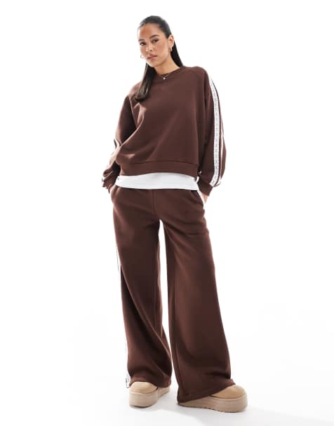 Miss Selfridge premium lace stripe wide tracksuit in chocolate - view 1