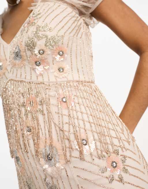 Miss Selfridge Premium - Lange jurk met versierde bloemen in roze , 3 van 4