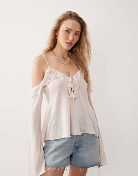 Miss Selfridge premium linen blend knit cold shoulder ruffle top in cream