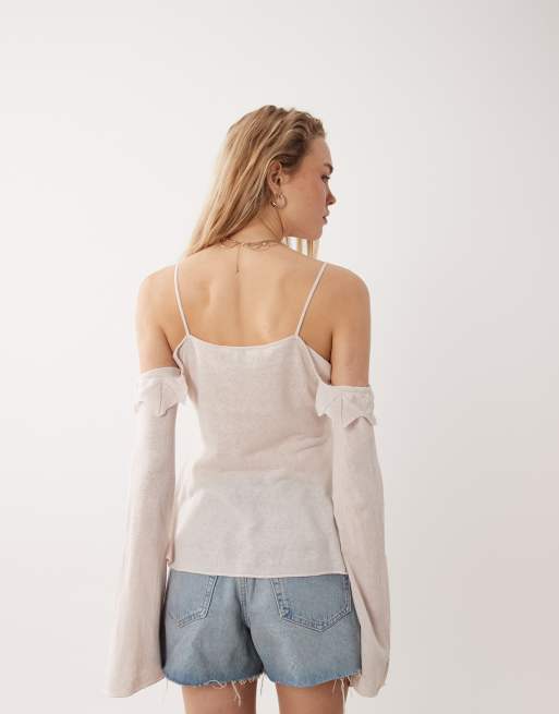 Miss Selfridge premium linen-blend knit cold shoulder ruffle top in cream, 3 of 4