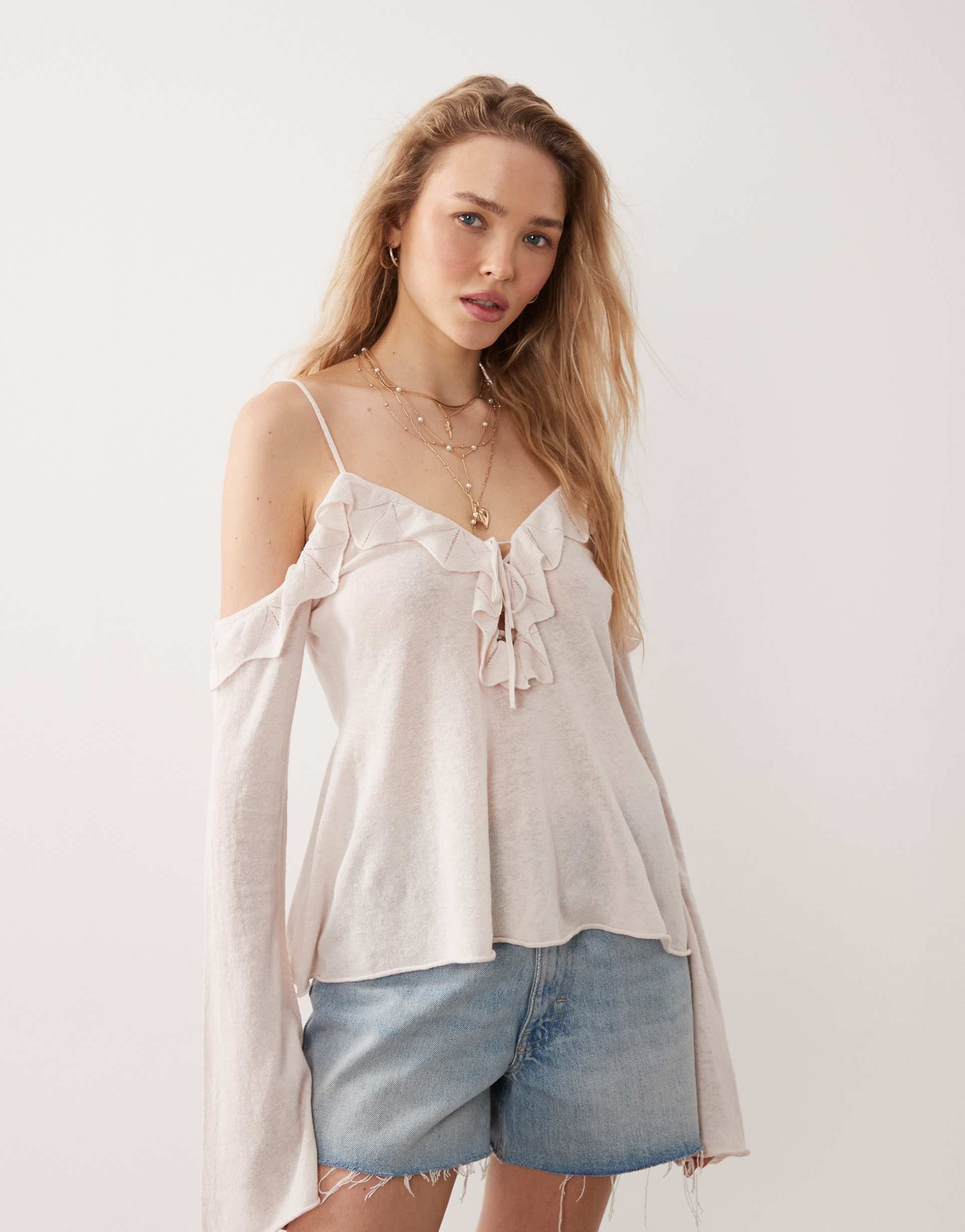 miss selfridge premium linen blend knit cold shoulder ruffle trim top in cream