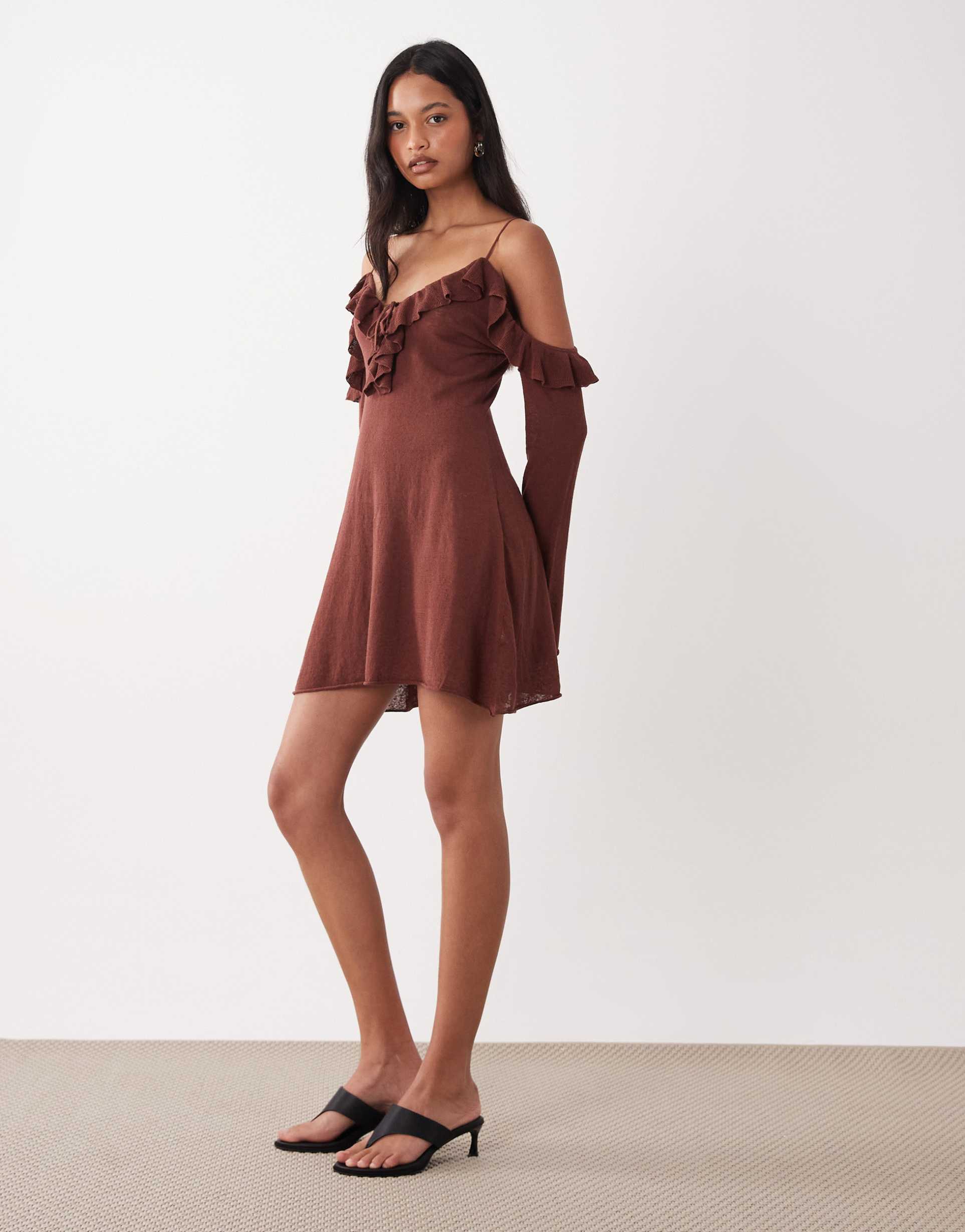 miss selfridge premium linen blend knit ruffle trim cold shoulders mini dress in chocolate