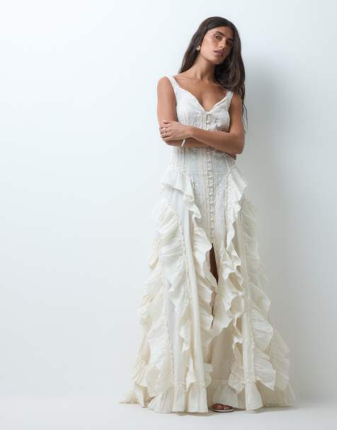 Miss Selfridge - Premium - Maxi jurk met ruches en borduursels in ecru - view 1