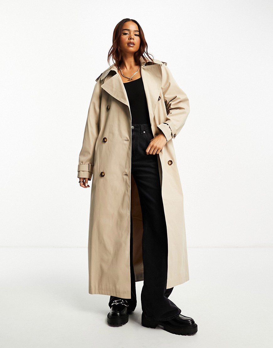 Miss Selfridge premium maxi trench coat in beige-Neutral
